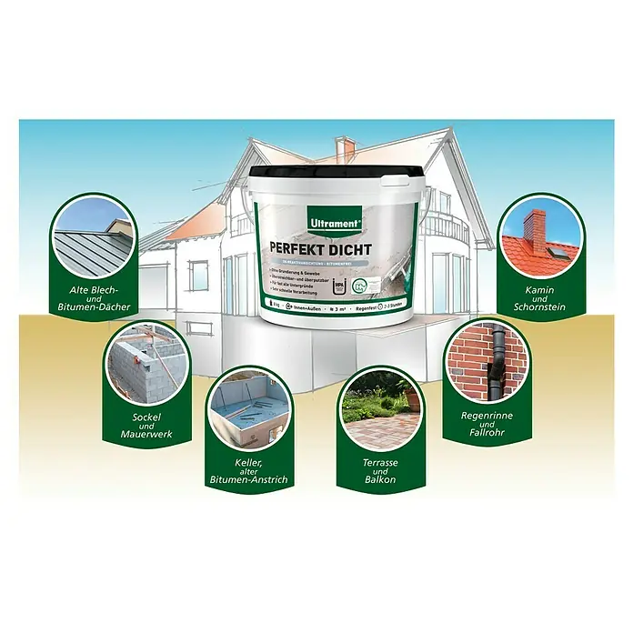 Ultrament Reaktivabdichtung - 8 kg, 2-komponentig - Ultrament Perfekt Dicht ist eine reaktive Abdichtung, bitumenfrei für alte Blech- und Bitumendächer, Sockel, Mauerwerk, Keller, Terrasse, Balkon, Kamin.