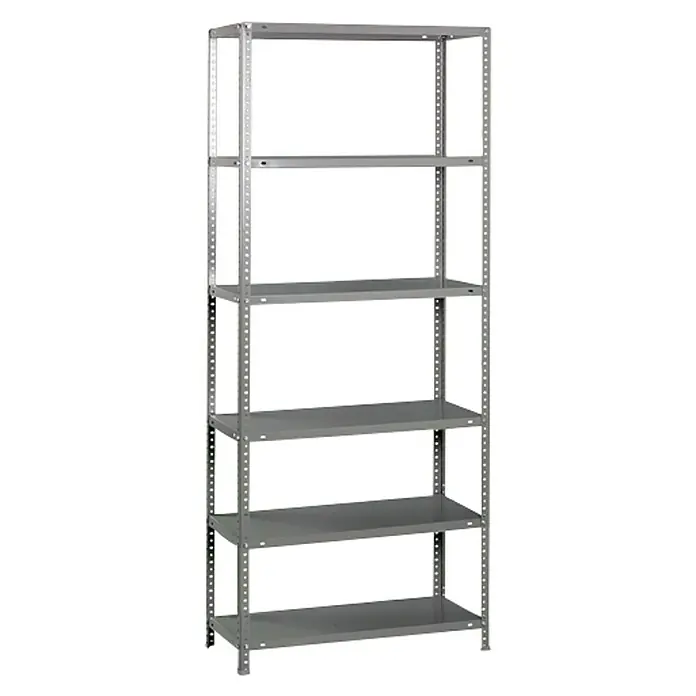 Simonrack Simonclassic Metallregal Comfort - H x B x T: 200 x 90 x 40 cm, Traglast pro Boden: 100 kg, Anzahl Böden: 6 Stk., Schrauben, Grau - Auf dem Bild ist ein graues Metallregal mit sechs Regalböden vor einem schwarzen Hintergrund zu sehen. Das Regal ist einfach aufgebaut und funktional.