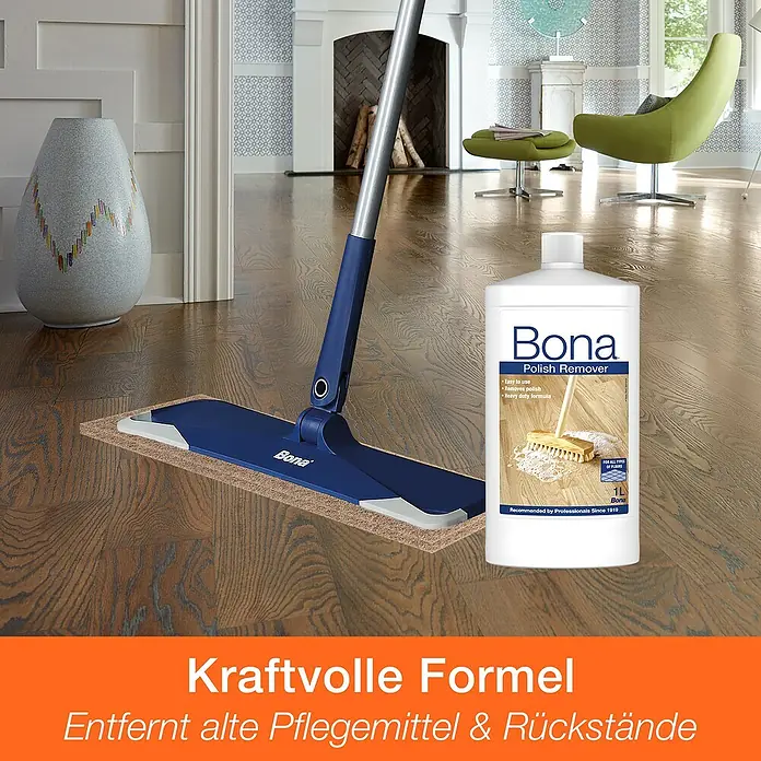 Bona Polish-Entferner - 1 l - Das Bild zeigt den Bona Polish Remover, ein kraftvolles Mittel zum Entfernen alter Pflegeprodukte und Rückstände, zusammen mit einem Bona-Mopp.