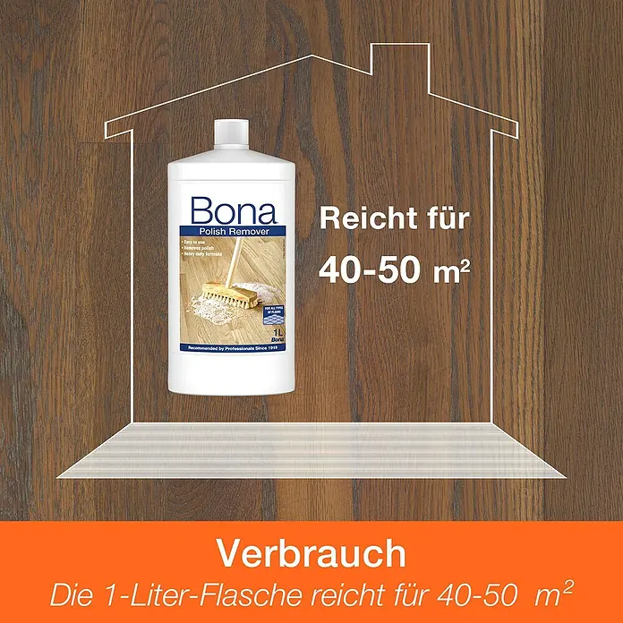 Bona Polish-Entferner - 1 l - Abbildung einer Flasche Bona Polish Remover, ideal zur Entfernung von Politur und geeignet für 40-50 m² Fläche.