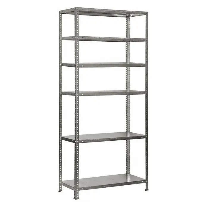 Simonrack Simonclassic Metallregal Comfort - H x B x T: 200 x 90 x 30 cm, Traglast pro Boden: 100 kg, Anzahl Böden: 6 Stk., Schrauben, Silber - Das Bild zeigt ein Metallregal mit fünf Regalböden, ideal für Lagerung und Organisation in verschiedenen Umgebungen.