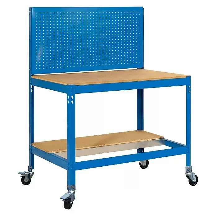 Simonrack Simonwork Banco de trabajo BT2 Mobile - L x An: 61 x 91 cm, Altura de trabajo: 144,5 cm, Carga soportada: 120 kg, Azul - Banco de trabajo azul para taller con encimera de madera, estante inferior, panel perforado y ruedas con freno.