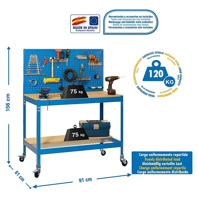 Simonrack Simonwork Banco de trabajo BT2 Mobile - L x An: 61 x 91 cm, Altura de trabajo: 144,5 cm, Carga soportada: 120 kg, Azul - Imagen del producto de un banco de trabajo azul con pared para herramientas, tiene una capacidad de carga de 120 kg y está fabricado en España.