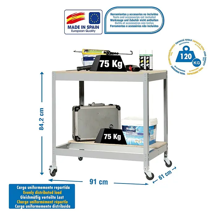 Simonrack Simonwork Banco de trabajo BT0 Mobile - L x An: 61 x 91 cm, Altura de trabajo: 91,7 cm, Carga soportada: 120 kg, Gris - Carro de taller de dos niveles con una capacidad de carga de 120 kg. Ideal para talleres o salas de manualidades.