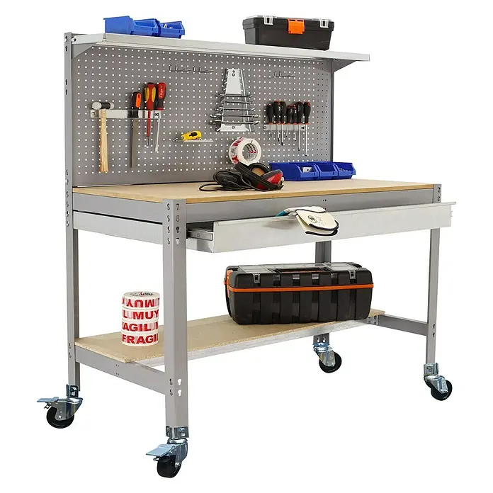 Simonrack Simonwork Banco de trabajo BT3 Box Mobile - L x An: 61 x 151 cm, Altura de trabajo: 144,5 cm, Carga soportada: 120 kg, Gris - Banco de trabajo con cajón, panel portaherramientas y ruedas. Ideal para talleres y garajes. Solución de almacenamiento práctica.