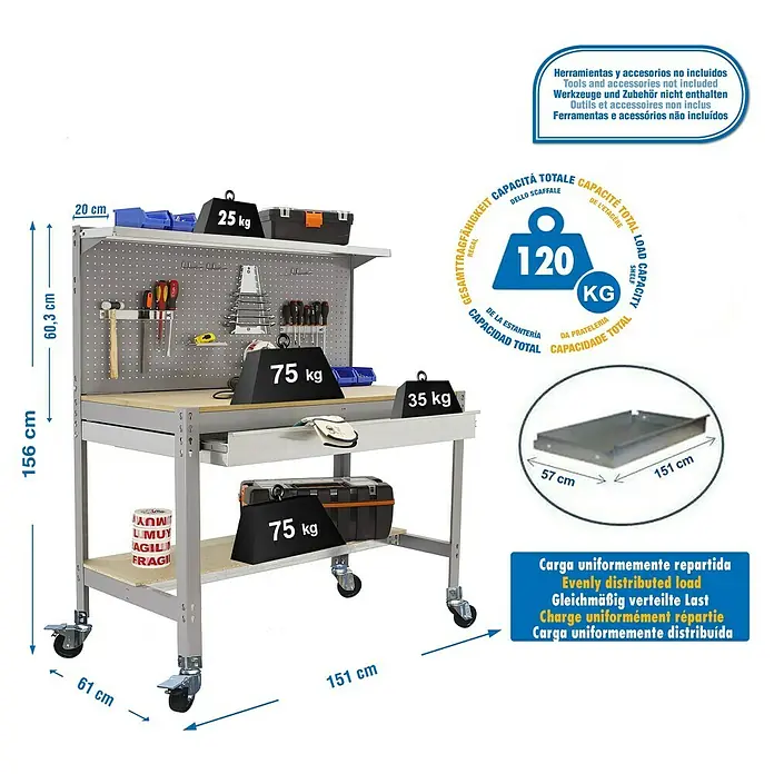 Simonrack Simonwork Banco de trabajo BT3 Box Mobile - L x An: 61 x 151 cm, Altura de trabajo: 144,5 cm, Carga soportada: 120 kg, Gris - Banco de trabajo con panel portaherramientas, cajón y estante. El banco está cargado con pesos para demostrar la capacidad de carga.