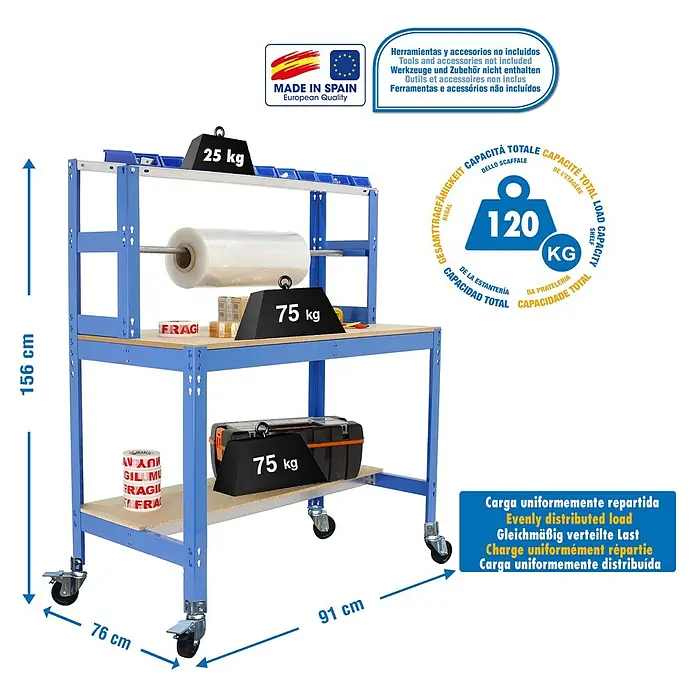 Simonrack Simonwork Banco de trabajo BT4 Mobile - L x An: 76 x 91 cm, Altura de trabajo: 156 cm, Carga soportada: 120 kg, Azul - Imagen del producto de una mesa de taller azul con ruedas, equipada con pesos y un rollo de film.