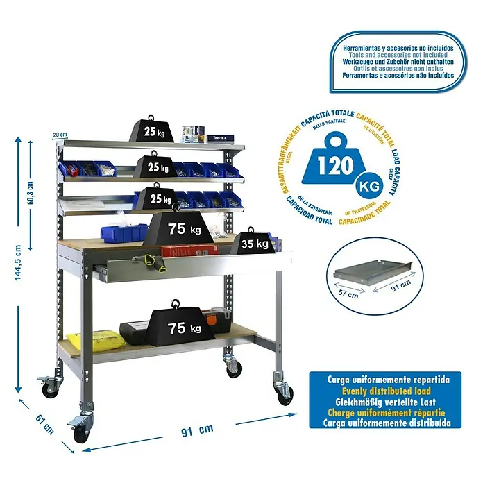Simonrack Simonwork Banco de trabajo BT1 Box Mobile - L x An: 61 x 91 cm, Altura de trabajo: 152 cm, Carga soportada: 120 kg, Gris - Imagen de un banco de trabajo con herramientas y accesorios, incluyendo dimensiones y especificaciones de peso para la capacidad de carga.