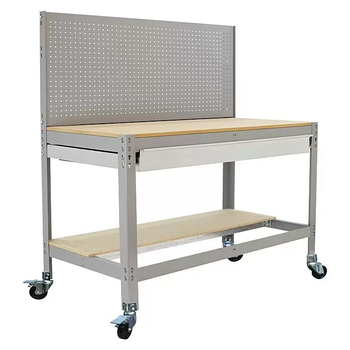 Simonrack Simonwork Banco de trabajo BT2 Box Mobile - L x An: 61 x 121 cm, Altura de trabajo: 144,5 cm, Carga soportada: 120 kg, Gris - Banco de trabajo metálico gris con panel perforado, tapa de madera, cajón y ruedas.