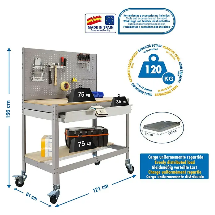 Simonrack Simonwork Banco de trabajo BT2 Box Mobile - L x An: 61 x 121 cm, Altura de trabajo: 144,5 cm, Carga soportada: 120 kg, Gris - Banco de trabajo con panel portaherramientas, estante y cajón. El banco tiene una capacidad máxima de carga de 120 kg.