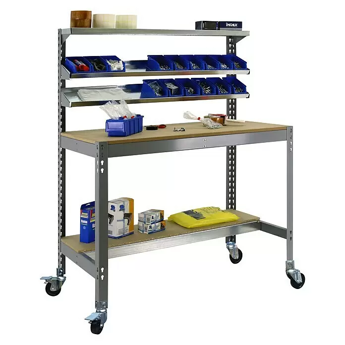 Simonrack Simonwork Werkbank MOBILE BT1 - L x B: 76 x 151 cm, Arbeitshöhe: 152 cm, Belastbarkeit: 120 kg, Grau - Anwendungsbeispiel
