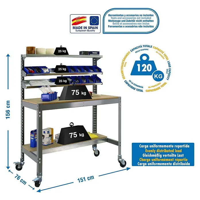 Simonrack Simonwork Banco de trabajo BT1 Mobile - L x An: 76 x 151 cm, Altura de trabajo: 152 cm, Carga soportada: 120 kg, Gris - Imagen de un banco de trabajo con una capacidad de carga de 120 kg, con unas dimensiones de 156 cm de alto, 76 cm de ancho y 151 cm de largo.