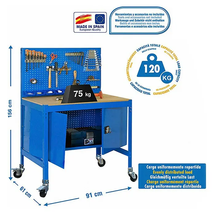 Simonrack Simonwork Banco de trabajo BT2 Locker Mobile - L x An: 61 x 91 cm, Altura de trabajo: 144,5 cm, Carga soportada: 120 kg, Azul - Banco de trabajo azul con panel para herramientas y capacidad de 120 kg, ideal para cualquier taller.