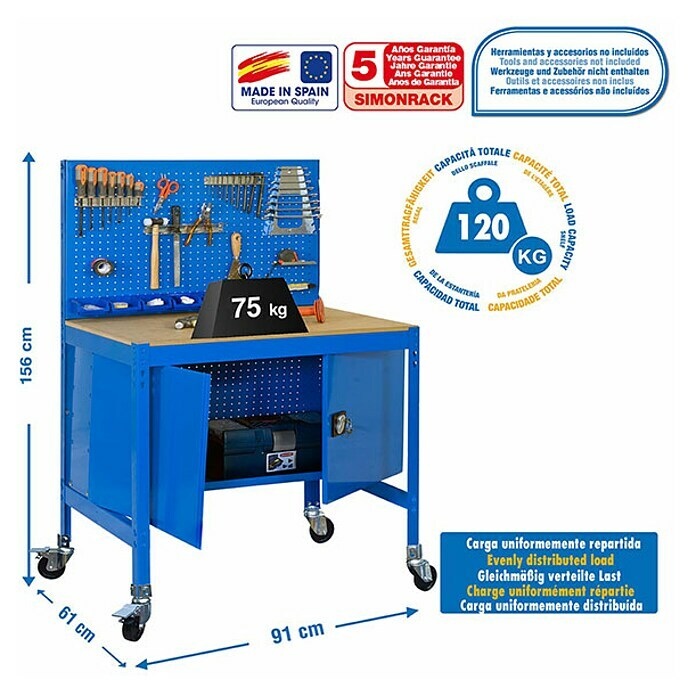 Simonrack Simonwork Banco de trabajo BT2 Locker Mobile (L x Al: 61 x 144,5 cm, Ancho: 91 cm, Capacidad de carga: 280 kg, Azul)