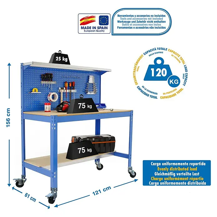 Simonrack Simonwork Banco de trabajo BT3 Mobile - L x An: 61 x 121 cm, Altura de trabajo: 144,5 cm, Carga soportada: 120 kg, Azul - Imagen de un banco de trabajo azul con herramientas y una capacidad de carga máxima de 120 kg.