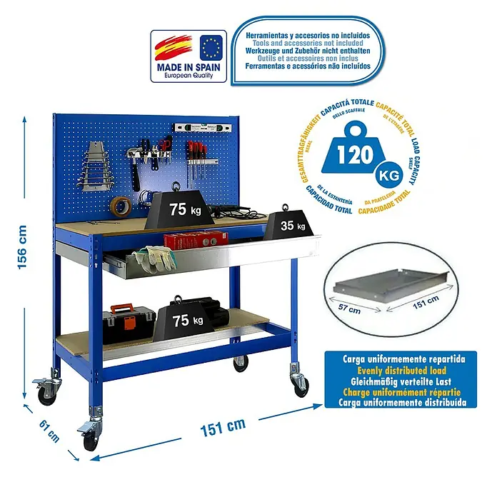 Simonrack Simonwork Banco de trabajo BT2 Box Mobile - L x An: 61 x 151 cm, Altura de trabajo: 144,5 cm, Carga soportada: 120 kg, Azul - Imagen de un banco de trabajo con dimensiones de 156 cm de alto, 151 cm de ancho y 61 cm de profundidad, con una capacidad de carga de 120 kg.