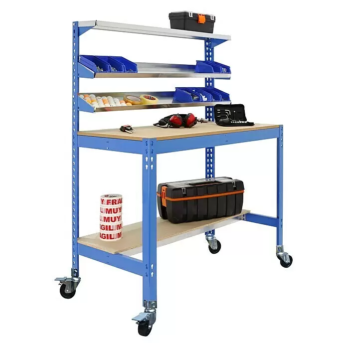 Simonrack Simonwork Werkbank MOBILE BT1 - L x B: 61 x 121 cm, Arbeitshöhe: 144,5 cm, Belastbarkeit: 120 kg, Blau - Anwendungsbeispiel