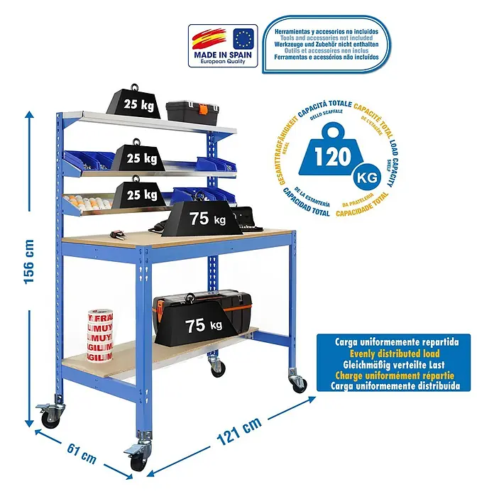 Simonrack Simonwork Banco de trabajo BT1 Mobile - L x An: 61 x 121 cm, Altura de trabajo: 144,5 cm, Carga soportada: 120 kg, Azul - Banco de trabajo con estantes, estructura azul y encimera de madera, ideal para taller y garaje. Carga máxima 120 kg distribuida uniformemente.