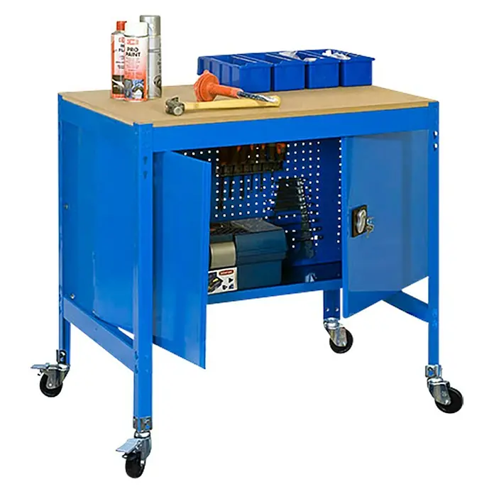 Simonrack Simonwork Werkbank MOBILE BT0 CABINET - L x B: 76 x 121 cm, Arbeitshöhe: 91,7 cm, Belastbarkeit: 120 kg, Blau - Werkbankwagen mit blauer Lackierung, einer Holzplatte und offenem Schrankraum für Werkzeuge und Zubehör.