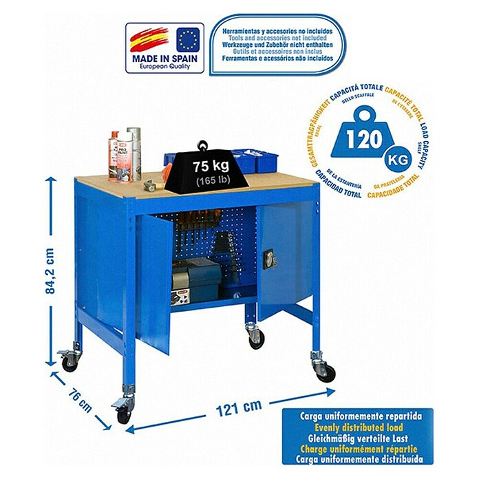 Simonrack Simonwork Banco de trabajo BT0 Locker Mobile (L x Al: 76 x 95 cm, Ancho: 120 cm, Capacidad de carga: 280 kg, Azul)