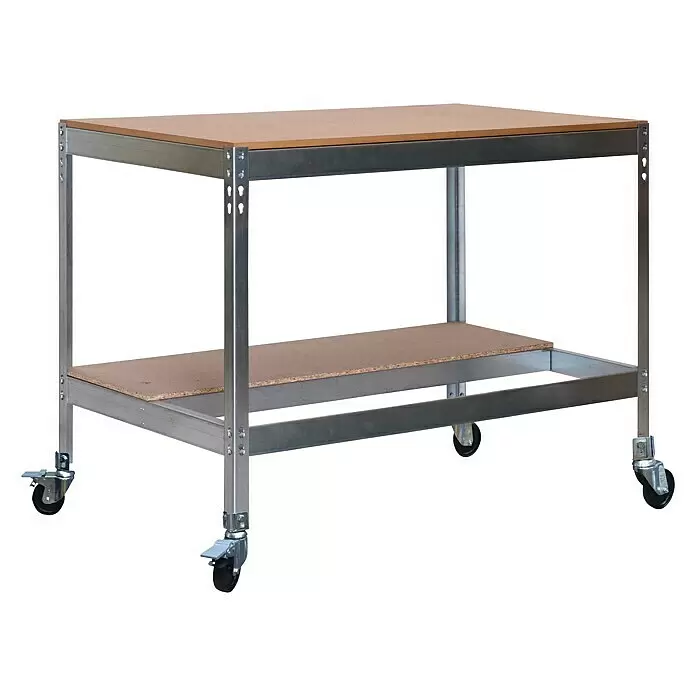 Simonrack Simonwork Werkbank MOBILE BT0 - L x B: 61 x 91 cm, Arbeitshöhe: 91,7 cm, Belastbarkeit: 120 kg, Silber - Diagonale Ansicht
