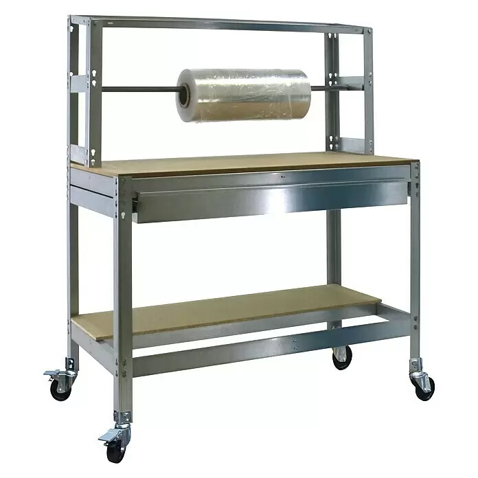 Simonrack Simonwork Banco de trabajo BT4 Mobile - L x An: 76 x 121 cm, Altura de trabajo: 152 cm, Carga soportada: 120 kg, Galvanizado - Mesa de embalaje metálica móvil con estantes de madera y dispensador de film integrado.