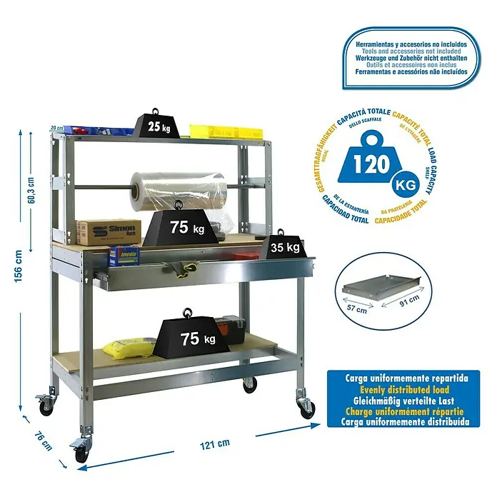 Simonrack Simonwork Banco de trabajo BT4 Mobile - L x An: 76 x 121 cm, Altura de trabajo: 152 cm, Carga soportada: 120 kg, Galvanizado - La imagen muestra un banco de trabajo para herramientas, con herramientas y accesorios no incluidos, junto con información sobre sus dimensiones y capacidades de carga.