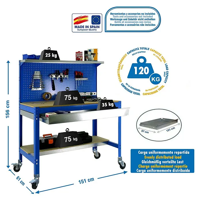 Simonrack Simonwork Banco de trabajo BT3 Box Mobile - L x An: 61 x 151 cm, Altura de trabajo: 144,5 cm, Carga soportada: 120 kg, Azul - Imagen de un banco de trabajo azul con herramientas y accesorios no incluidos, el banco de trabajo tiene una capacidad de 120 kg.