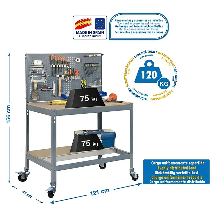Simonrack Simonwork Banco de trabajo BT2 Mobile - L x An: 61 x 91 cm, Altura de trabajo: 152 cm, Carga soportada: 120 kg, Gris - Imagen de un banco de trabajo con panel de herramientas, medidas y pesos de carga.