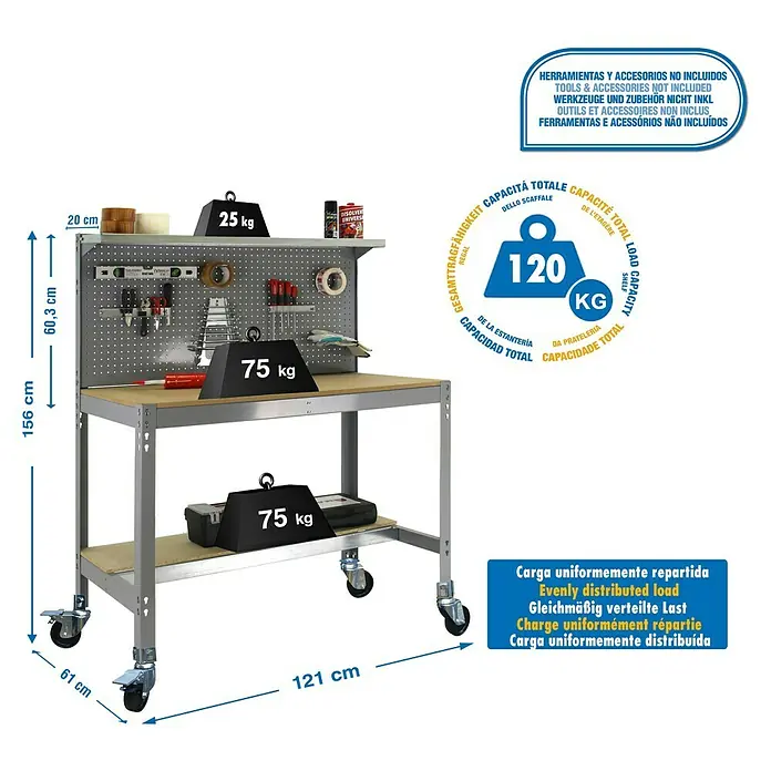 Simonrack Simonwork Banco de trabajo BT3 Mobile - L x An: 61 x 121 cm, Altura de trabajo: 152 cm, Carga soportada: 120 kg, Gris - Banco de trabajo con panel perforado, estante y ruedas, con una capacidad de carga de 120 kg, e indicaciones de peso y dimensiones.