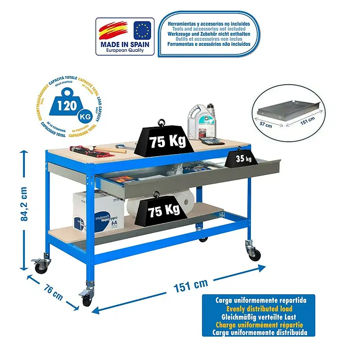 Simonrack Simonwork Banco de trabajo BT0 Box Mobile - L x An: 76 x 151 cm, Altura de trabajo: 91,7 cm, Carga soportada: 120 kg, Azul - Imagen de un banco de trabajo azul con tablero de madera, cargado con pesos y herramientas.