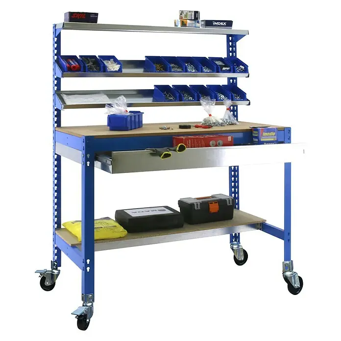 Simonrack Simonwork Werkbank MOBILE BT1 BOX - L x B: 61 x 121 cm, Arbeitshöhe: 152 cm, Belastbarkeit: 120 kg, Blau - Werkstatttisch mit Ablagefächern und Schublade, ideal für Ordnung und schnellen Zugriff auf Werkzeuge und Zubehör. Mobiler Untersatz für Flexibilität.
