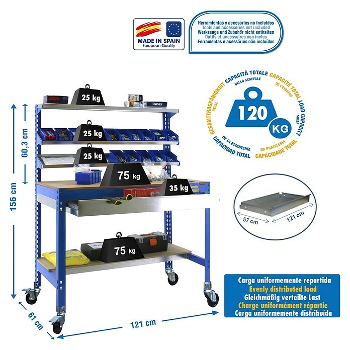 Simonrack Simonwork Banco de trabajo BT1 Box Mobile (L x Al: 61 x 144,5 cm, Ancho: 121 cm, Capacidad de carga: 280 kg, Azul)