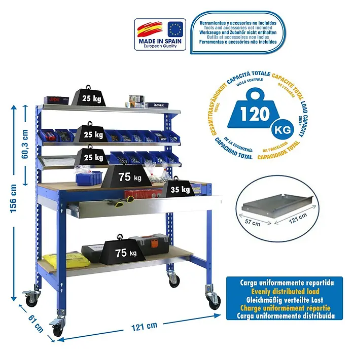 Simonrack Simonwork Banco de trabajo BT1 Box Mobile - L x An: 61 x 121 cm, Altura de trabajo: 152 cm, Carga soportada: 120 kg, Azul - Imagen del producto de un banco de trabajo con dimensiones y límites de carga, fabricado en España y de alta calidad.