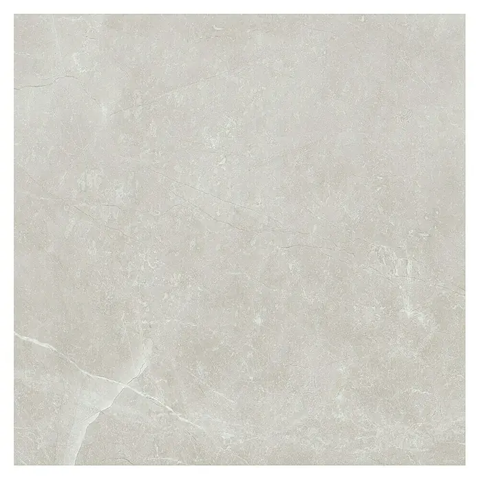 Feinsteinzeugfliese Bayona Silver - 60 x 60 cm, Grau, Glänzend - Nahaufnahme einer hellgrauen Fliese mit dezenter Marmorierung und feinen Äderungen, ideal für moderne Innenräume.\n