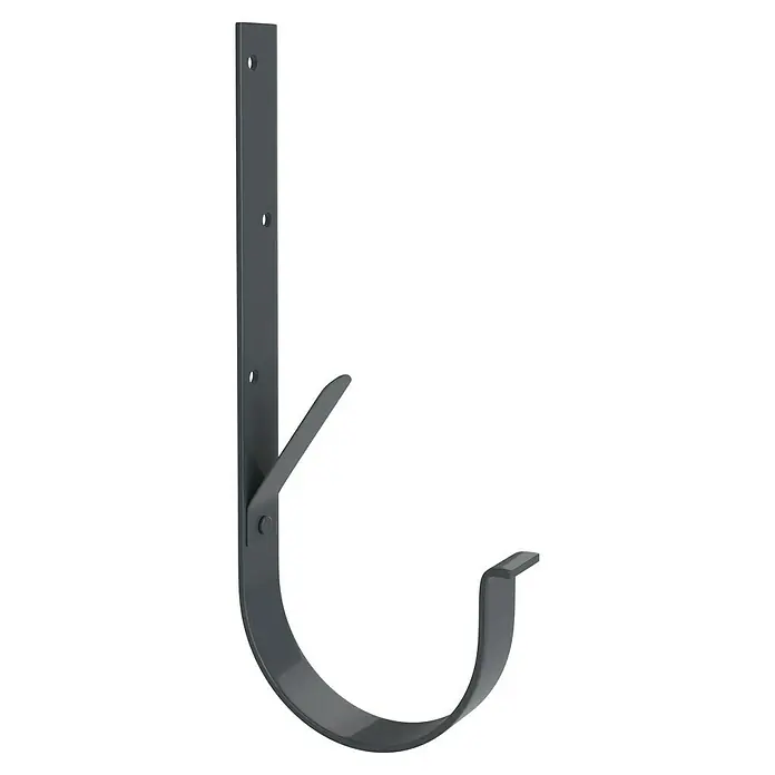 FunkeGruppe Rinneneisen - Nennweite: 100 mm, Stahl, Blank - Dachrinnenhalterung aus grauem Metall mit vertikaler Stange und gebogener Rinne, ideal für die Montage.