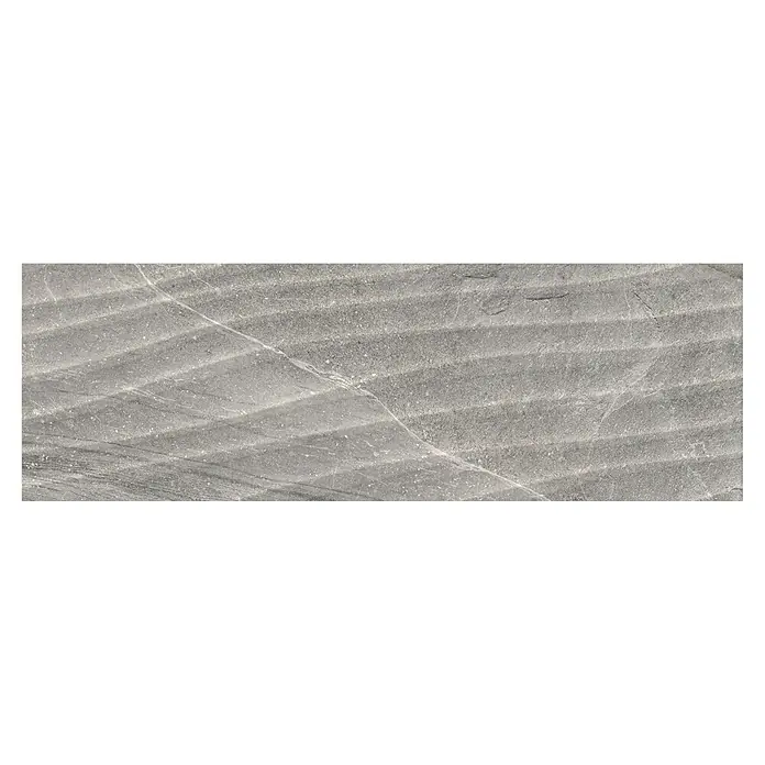 BHS Showroom Revestimiento de pared Tempo Curve - 90 x 30 cm, Ceniza, Brillante, Rectificado - Baldosa de mármol gris con un patrón ondulado y finas vetas blancas, ideal para diseños elegantes de suelos y paredes.