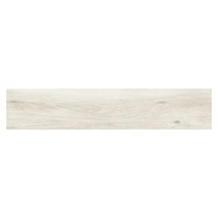Pavimento porcelánico Atelier - 119,5 x 22,5 cm, Blanco, Mate, Rectificado - Elegante baldosa de madera larga en un tono claro con veta sutil, ideal para interiores modernos y elegantes.