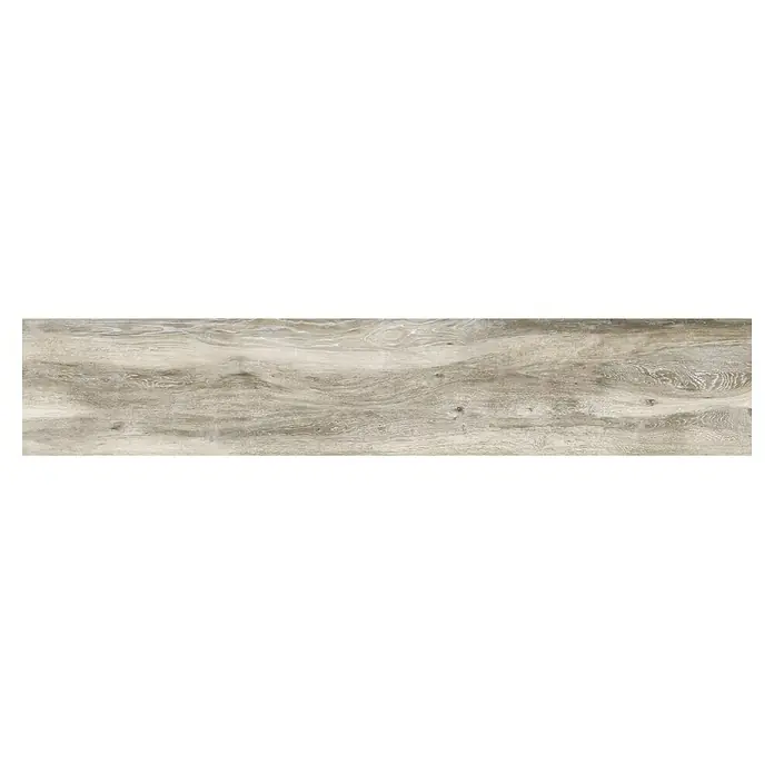 Pavimento porcelánico Atelier - 119,5 x 22,5 cm, Taupe, Mate, Rectificado - Un panel único y alargado con patrones de vetas de madera de color marrón grisáceo claro que recorren la superficie, ofreciendo una estética natural.