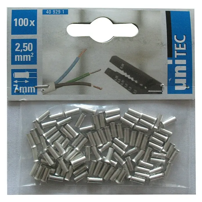 UniTEC Aderendhülse - 2,5 mm² x 7 mm, 100 Stk. - Eine Packung mit 100 Aderendhülsen, 2,50 mm², 7 mm Länge, zur sicheren und einfachen Verbindung von Kabelenden.