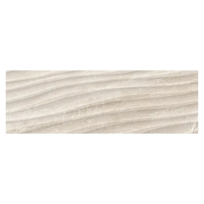 BHS Showroom Revestimiento de pared Tempo Curve - 90 x 30 cm, Nature, Brillante, Rectificado - Primer plano de un azulejo de pared 3D ondulado de color claro. Perfecto para interiores modernos.