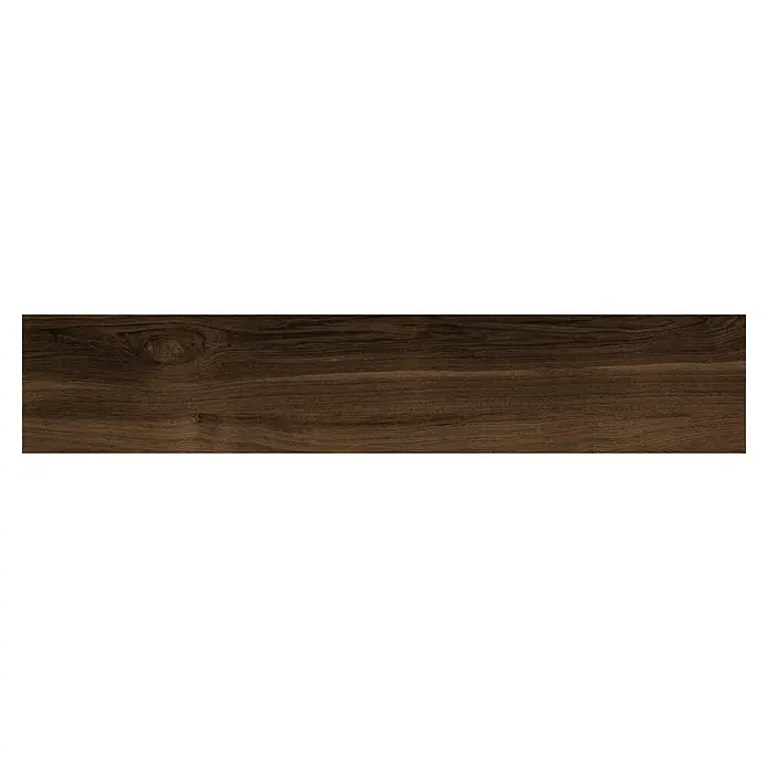 BHS Showroom Pavimento porcelánico Selva - 119,5 x 22,5 cm, Wengué, Mate, Rectificado - Primer plano de un panel con un patrón de vetas de madera natural. Veta única para muebles, paneles o decoración.