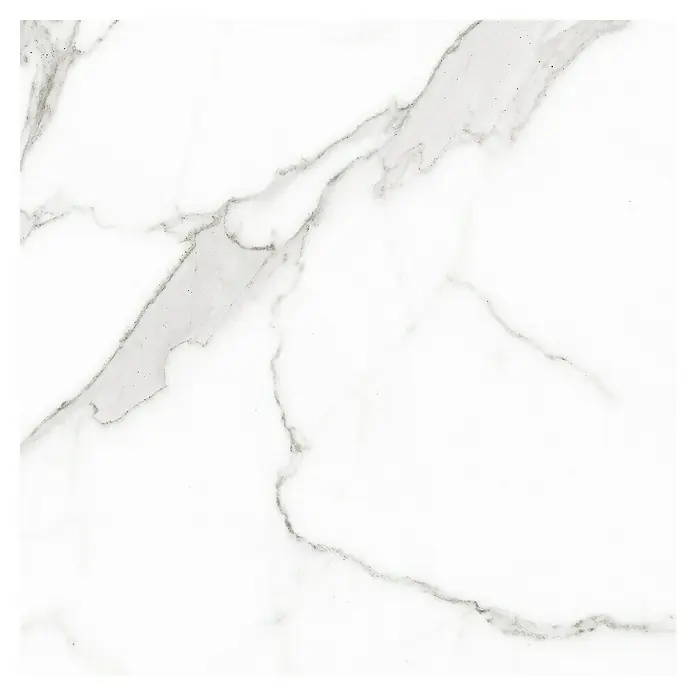 BHS Showroom Pavimento porcelánico Palatina - 120 x 120 cm, Blanco, Brillante, Rectificado - Primer plano de una elegante baldosa cuadrada de mármol blanco con delicadas vetas grises, ideal para interiores modernos.