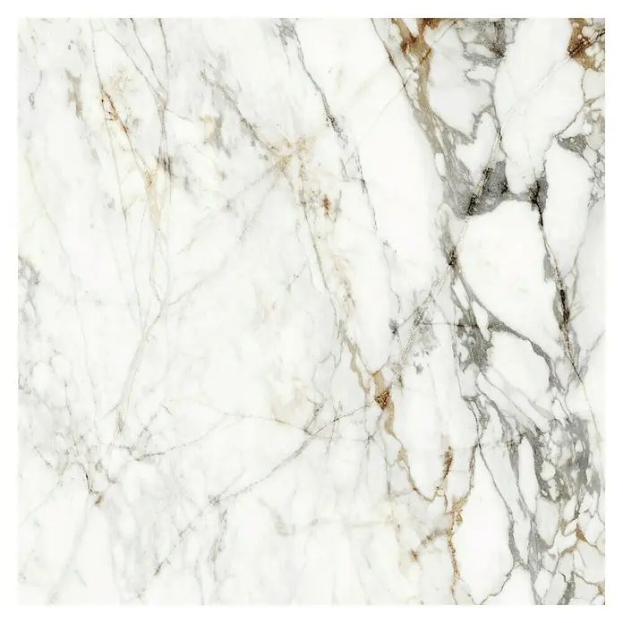 BHS Showroom Pavimento porcelánico Barnaby - 120 x 120 cm, Blanco, Brillante, Rectificado - Elegante producto de mármol con delicadas vetas naturales en tonos grises y dorados sobre fondo blanco. Diseño refinado para toques elegantes.