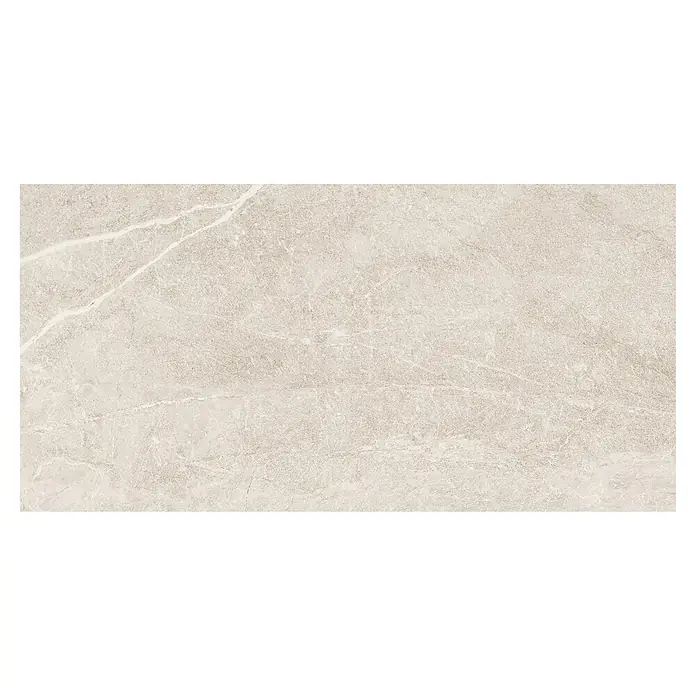 Pavimento porcelánico - 60 x 120 cm, Nature, Pulido, Rectificado, Espesor: 9 mm - Vista detallada de una baldosa cerámica beige con sutiles marmolados y vetas claras. Ideal para interiores modernos y elegantes.