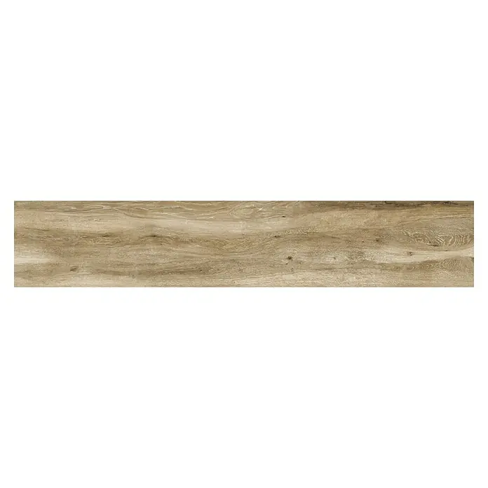 Pavimento porcelánico Atelier - 119,5 x 22,5 cm, Beige, Mate, Rectificado - Un panel alargado marrón claro con un distintivo patrón de veta de madera y acentos más oscuros. Ideal para un diseño natural de pared o suelo.