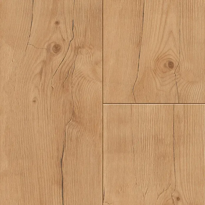 Laminat - Pinie, Landhausdiele, 1.285 x 192 x 8 mm - Detailaufnahme eines Holzfußbodens mit Maserung und natürlichen Farbtönen, ideal für moderne Wohnräume.