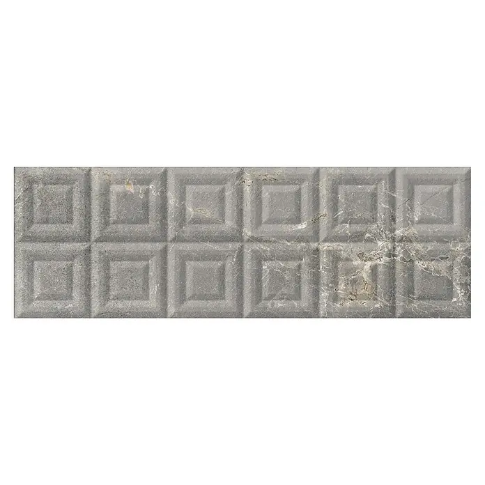 BHS Showroom Revestimiento de pared Tempo Allegra - 90 x 30 cm, Ceniza, Mate, Rectificado - Primer plano de una baldosa de pared gris con un patrón cuadrado con efecto mármol, ideal para baños o cocinas.