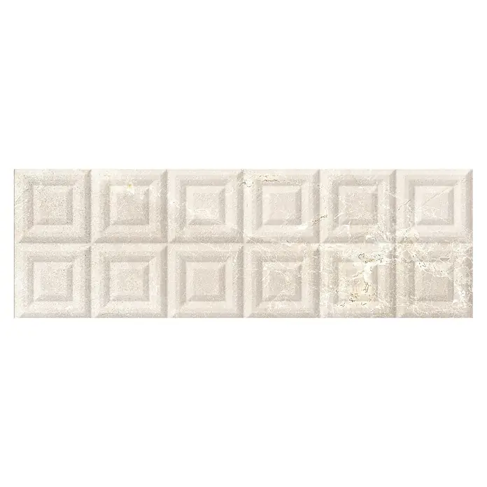 BHS Showroom Revestimiento de pared Tempo Allegra - 90 x 30 cm, Cotton, Mate, Rectificado - Primer plano de una baldosa de pared blanca con un patrón cuadrado en relieve, ideal para interiores modernos.
