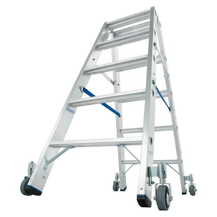 Krause Stabilo Doppelleiter Fahrbar - Anzahl Tritte: 10 Stk., Arbeitshöhe: 2,7 m, Aluminium - Die Aluminium-Rollgerüstleiter bietet Flexibilität und Komfort bei Arbeiten in der Höhe. Ihre robuste Bauweise sorgt für Sicherheit und Stabilität.